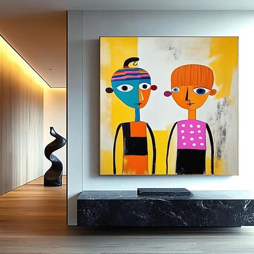 Handgemaltes abstraktes Porträt zweier Figuren, Ölgemälde auf Leinwand, großes Original, Cartoon-Kunst für Kinderzimmer, luxuriöse Wandkunst, moderne Wohnzimmerdekoration Image