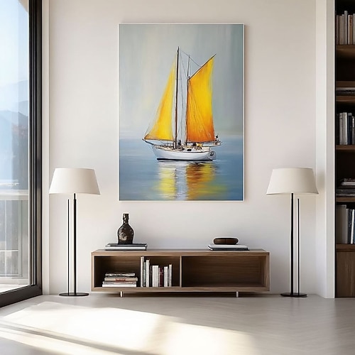 Großes, handgemaltes Ölgemälde, gelbes abstraktes Segelboot auf Leinwand, maritimes Seestück, Wandbild mit Segelbootstruktur, Acrylmalerei, Wohnzimmerwanddekoration Image