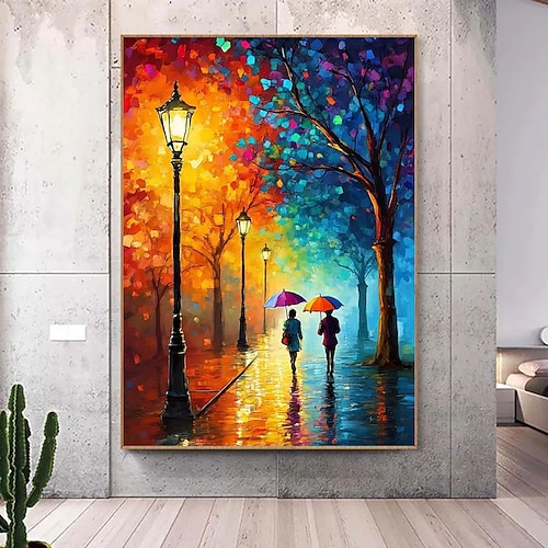 Weihnachtsgeschenk, handgemaltes Ölgemälde, farbenfroher Stadtspaziergang, Leinwandbild, romantisches Paar, abstrakte Leinwand, regnerische Straßenlaternen, Wanddekoration, moderne impressionistische Image