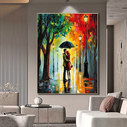 Weihnachtsgeschenk, Ölgemälde, handgemalt, romantischer Stadtspaziergang bei Nacht, Paar unter einem Regenschirm, impressionistische Straßenszene am Abend, regnerische Straßenkunst, moderne Image