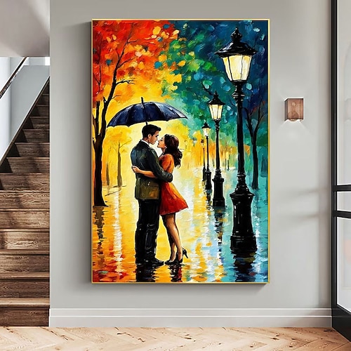 Weihnachtsgeschenk, Ölgemälde, handgemalt, romantischer Stadtspaziergang bei Nacht, Paar unter einem Regenschirm, impressionistische Straßenszene am Abend, regnerische Straßenkunst, moderne Image