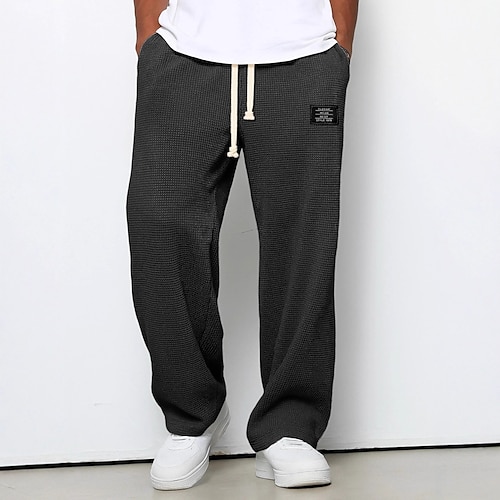 Herren Waffel Jogginghose Hose Baggy-Hosen Gerade geschnittene Sweatpants Kordelzug Elastischer Bund Einfarbig Komfort Volle Länge Outdoor Lässig Täglich Mode Klassicher Stil Schwarz Weiß Dehnbar Image