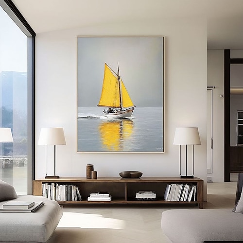 Großes, handgemaltes Ölgemälde, gelbes abstraktes Segelboot auf Leinwand, maritimes Seestück, Wandbild mit Segelbootstruktur, Acrylmalerei, Wohnzimmerwanddekoration Image