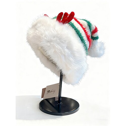 Gestreifte Weihnachtsmütze für Damen mit Rentiergeweih – Polyestermaterial, festliches Design für Weihnachtsfeiern und Winterkleidung Image