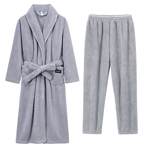 Herren Schlafanzug Nachtwäsche Pyjamaoberteil und Hose Lounge Hose 1 Set Einfach Mode Stilvoll Klassisch Heim Täglich Bett Fleece Polyester Thermowarm Komfort Weich Revers Langarm Fronttasche Gürtel Image