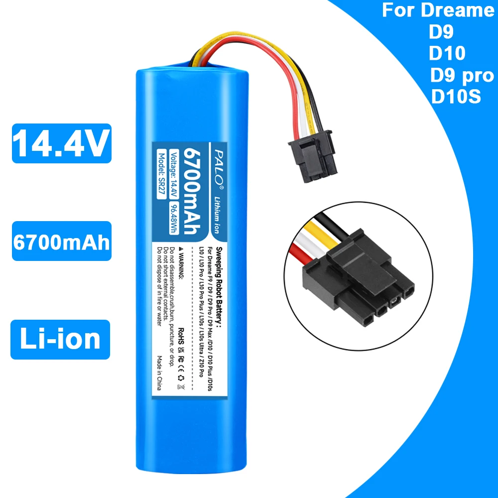 PALO Original 14,4 V 6700 mAh Ersatz Lithium-Batterie Für Dreame F9 D9 D10 D10S L10S L10 Pro RL55L RLS5 d9 pro D9 Max Image