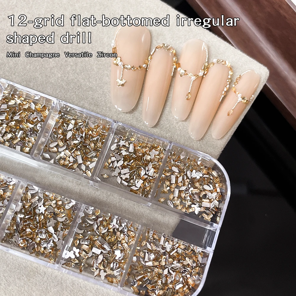 12 Gitter, mehrfach geformte Strasssteine mit flacher Rückseite, 3D-klarer Diamant, Ab-Farbe, Kristall, rundes Herz, quadratisch, für Nagelkunst, DIY-Nageldekoration Image