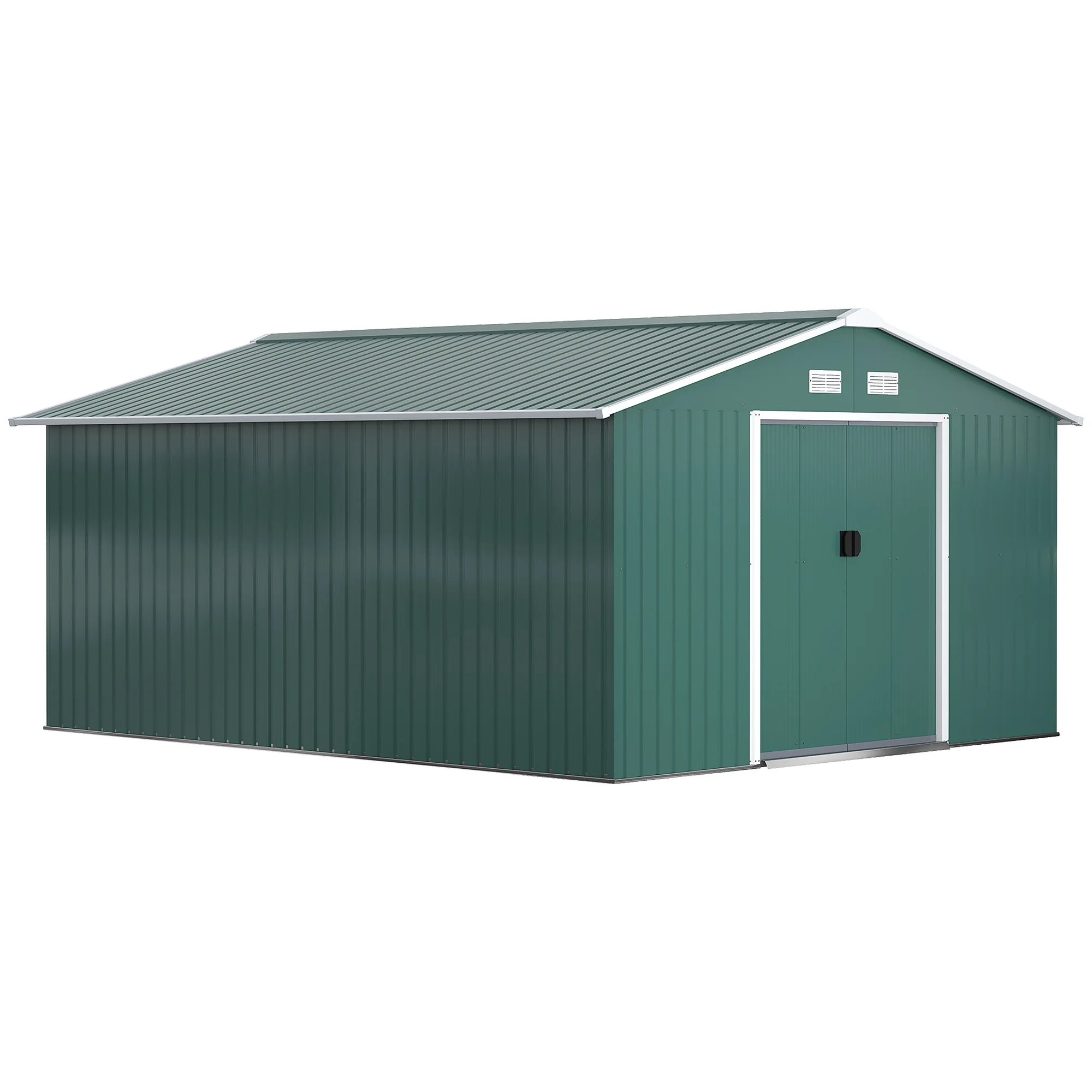Outsunny 13 x 11ft Metal Garden Shed, Outdoor Storage Tool House, Foundation Kit and Lockable Double Doors, Green