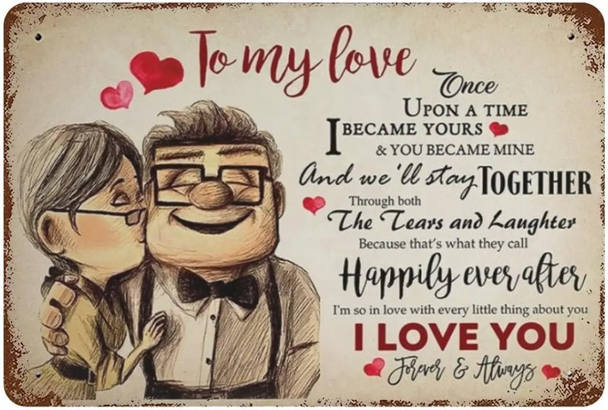 Vintage-Metallblechschild „C Carl and Ellie to My Love Once Upon A Time I Became Your You“ Valentinstag Lustige Neuheit K