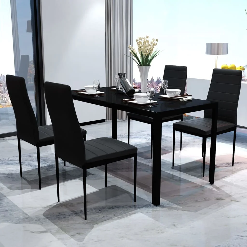 Fünfteiliges schwarzes Esstisch-Set. Moderne Esszimmer-Sets. Robuster Multiplayer-Tisch mit Stühlen. Dekorative Möbel