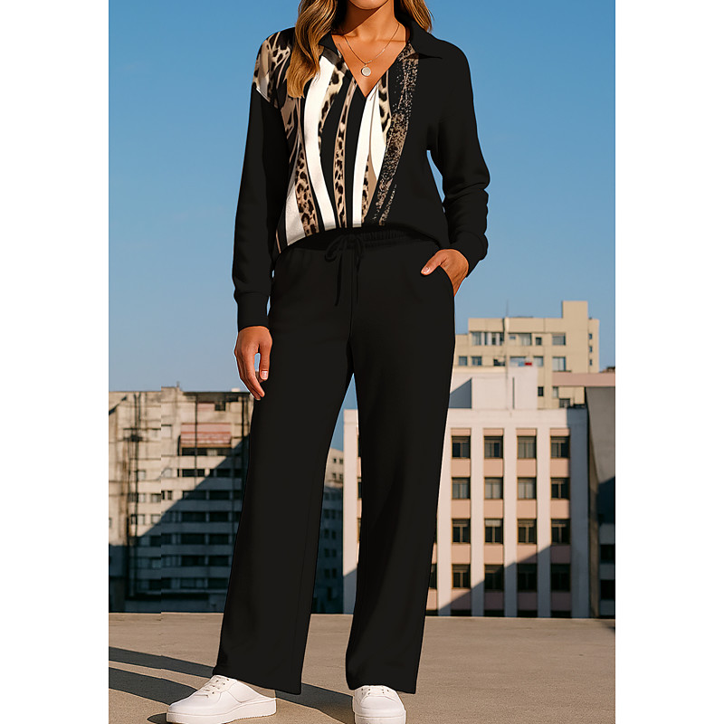 Women's Sweatshirt Tracksuit Sweatpants Drawstring Zipper Leopard Jacket and Sweatpants Athletic Clothing Set Loungewear Summer Spring Fall Winter Black White Gym Workout Casual Workout Thermal Warm