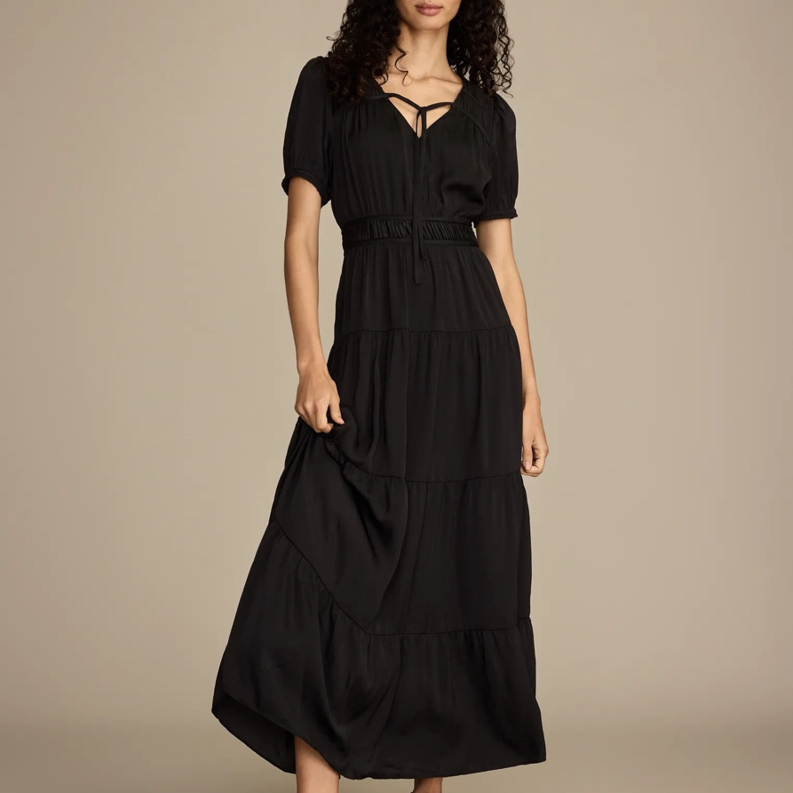 Lucky Brand Crinkle Satin Midi Dress - Women's Clothing Dresses Shirt Midi Dress in #001 Black, Size 2XL