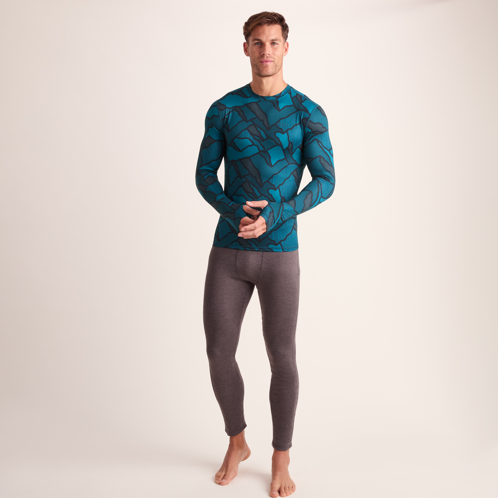 TOG24 Snowdon Mens Thermal Base Layer Crew Neck - Dark Turquoise Abstract Mountain Print - Indigo Blue - Size Large