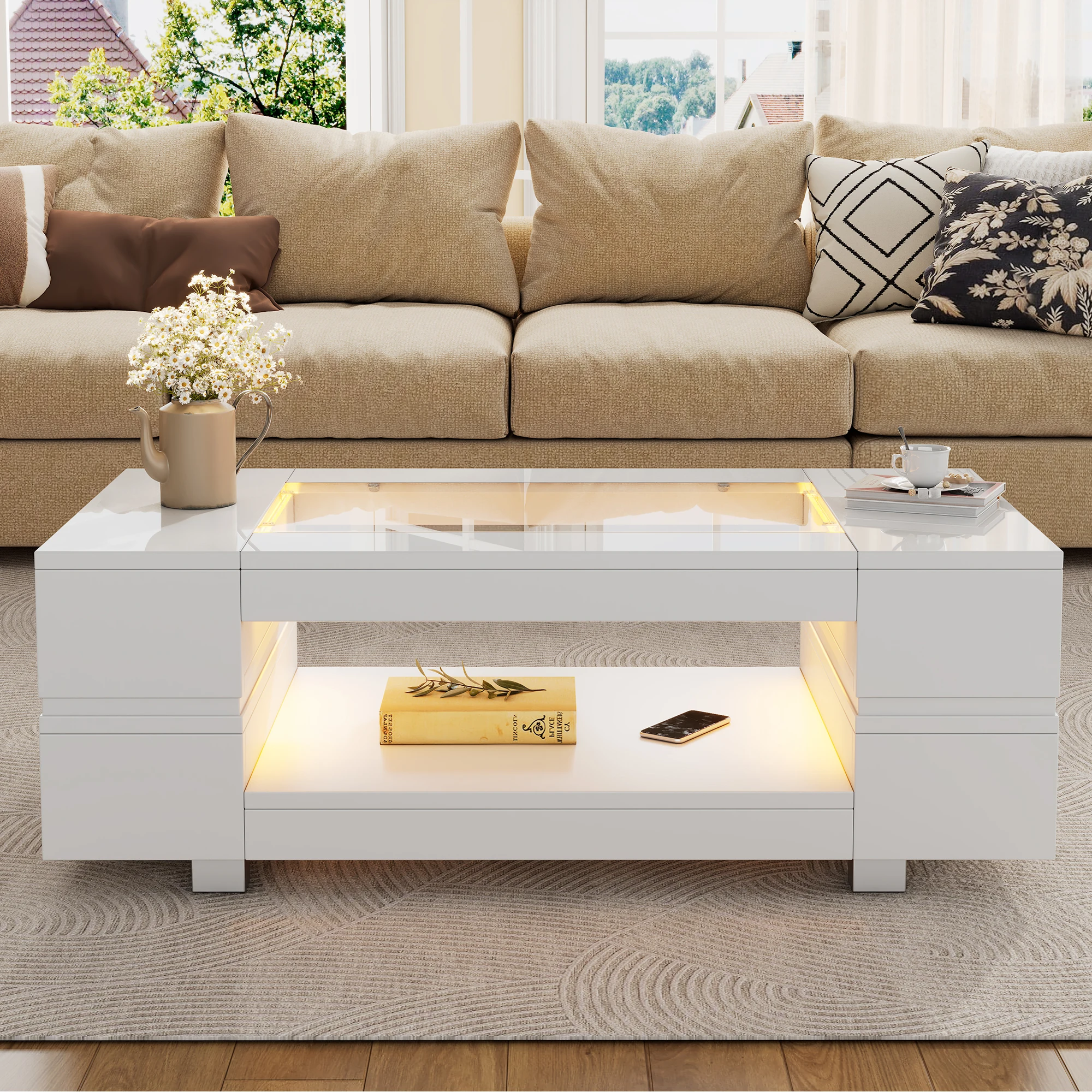 KOMHTOM Weißer LED-Couchtisch mit Bluetooth-App-Steuerung - geeignet für Party Büro Wohnzimmer, modernes Ambientebeleuchtung Image