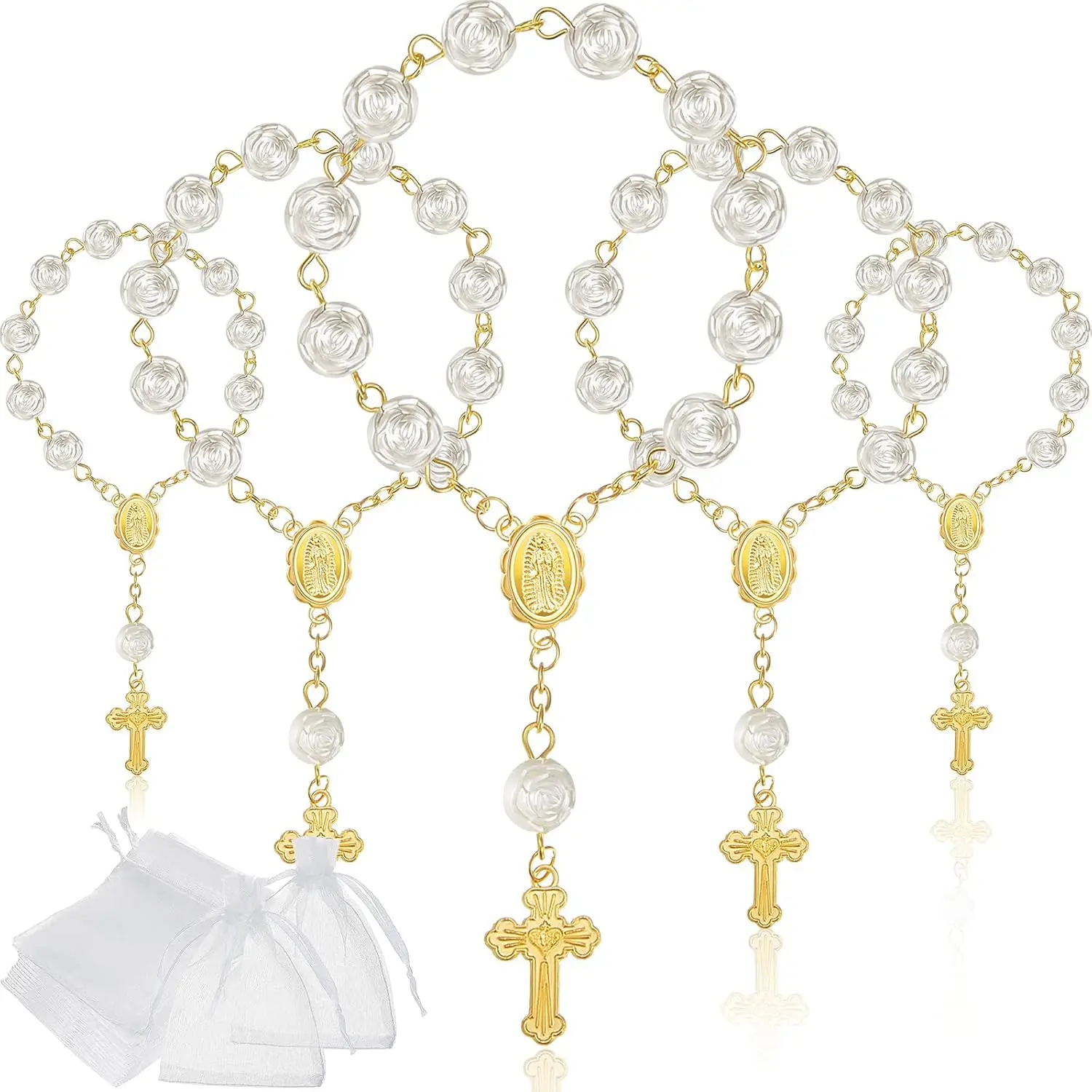 10-60 Pezzi Mini Rosari per Battesimo, Perline in Acrilico Color Avorio, Rosari da Dito per Battesimo, Perle Finte con Sacchetti in Organza
