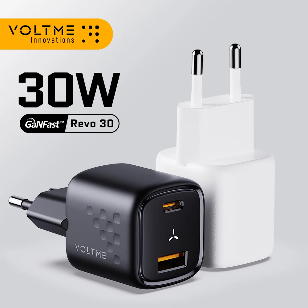 VOLTME USB C Caricatore rapido 30W GaN Caricatore QC PD 3.0 Adattatore portatile a doppia porta per IPhone 15 14 13 IPad Xiaomi Caricatore rapido da muro