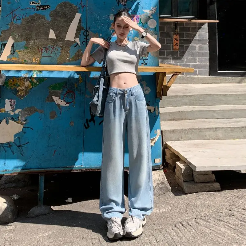 Eis Niedrige Taille Breite Bein Jeans Frauen Sommer Dünne Gerade Hose Lose Y2K Drapierte Faionable Ins Lose Fit Casual Lange Denim Hosen Image