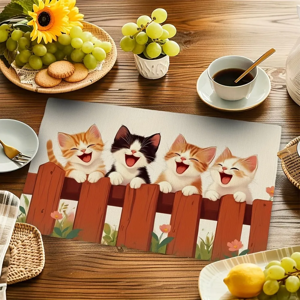 VIKAMA 4-teiliges, bezauberndes Katzen- und Happy-Fun-Tischset-Set im Retro-Saison-Design, perfekt für Partys und Küchengebrauch im Innen- und Außenbereich