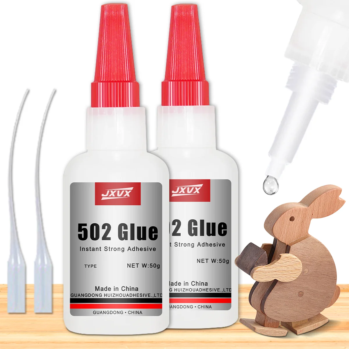 JXVX 50 g 502 Super-Sekundenkleber Schnell trocknender Cyanacrylat-Klebstoff Leder Gummi Glas Holz Metall Starker Flüssigkleber Werkzeug, Höhere Kapazität, Klebstoff hält länger, 502 Superkleber