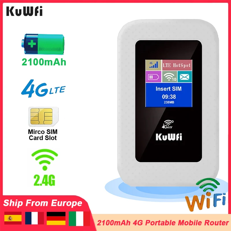 KuWFi Router WiFi portatile 4G LTE 150Mbps 2.4G Wifi Pocket Hotspot 2100mAh Batteria Micro SIM Slot Schermo LCD per viaggi all'aperto