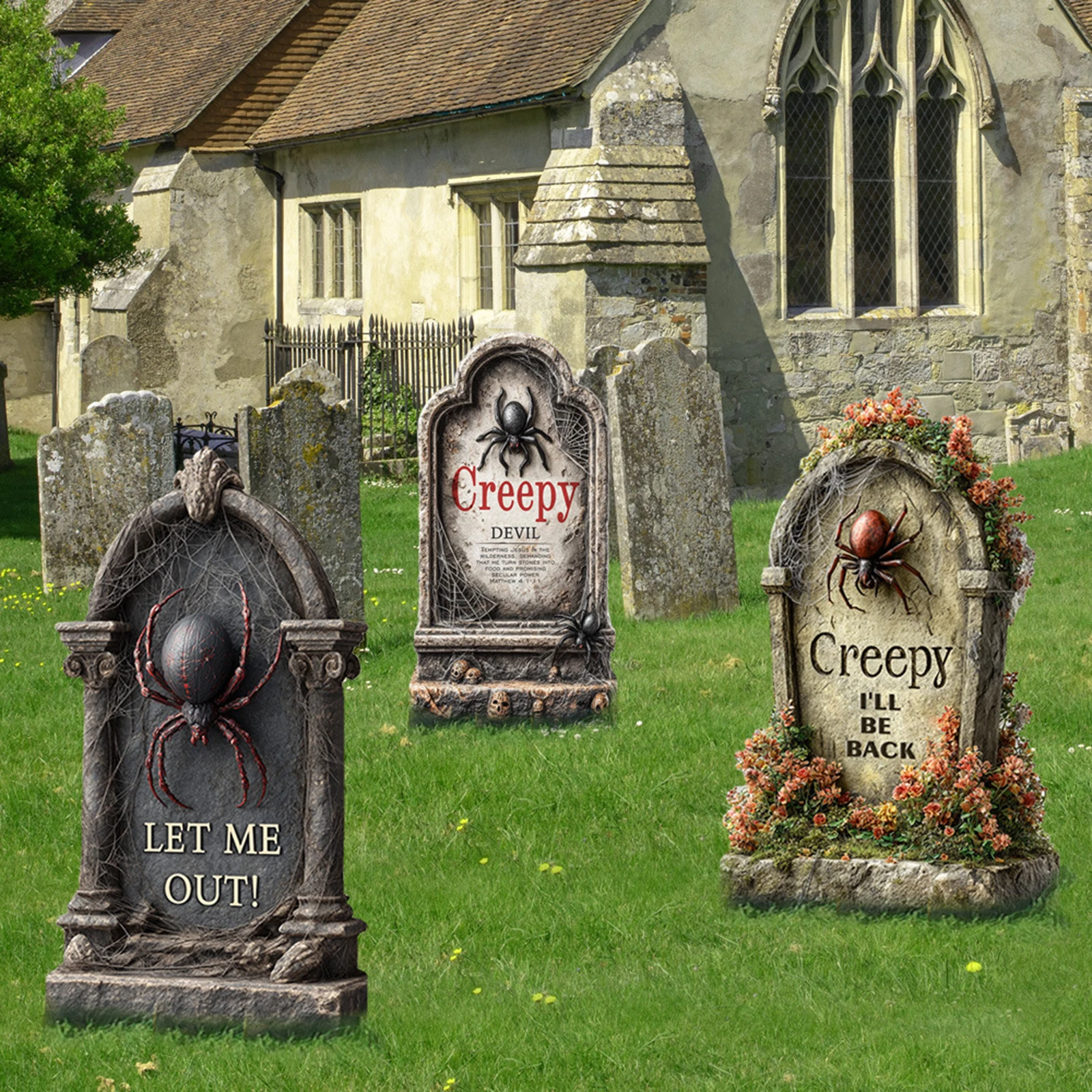 Horror And Thriller Halloween Outdoor Courtyard Plaque Cemetery Tombstone Garden Sign Outdoor Lawn Spider Tombstone
