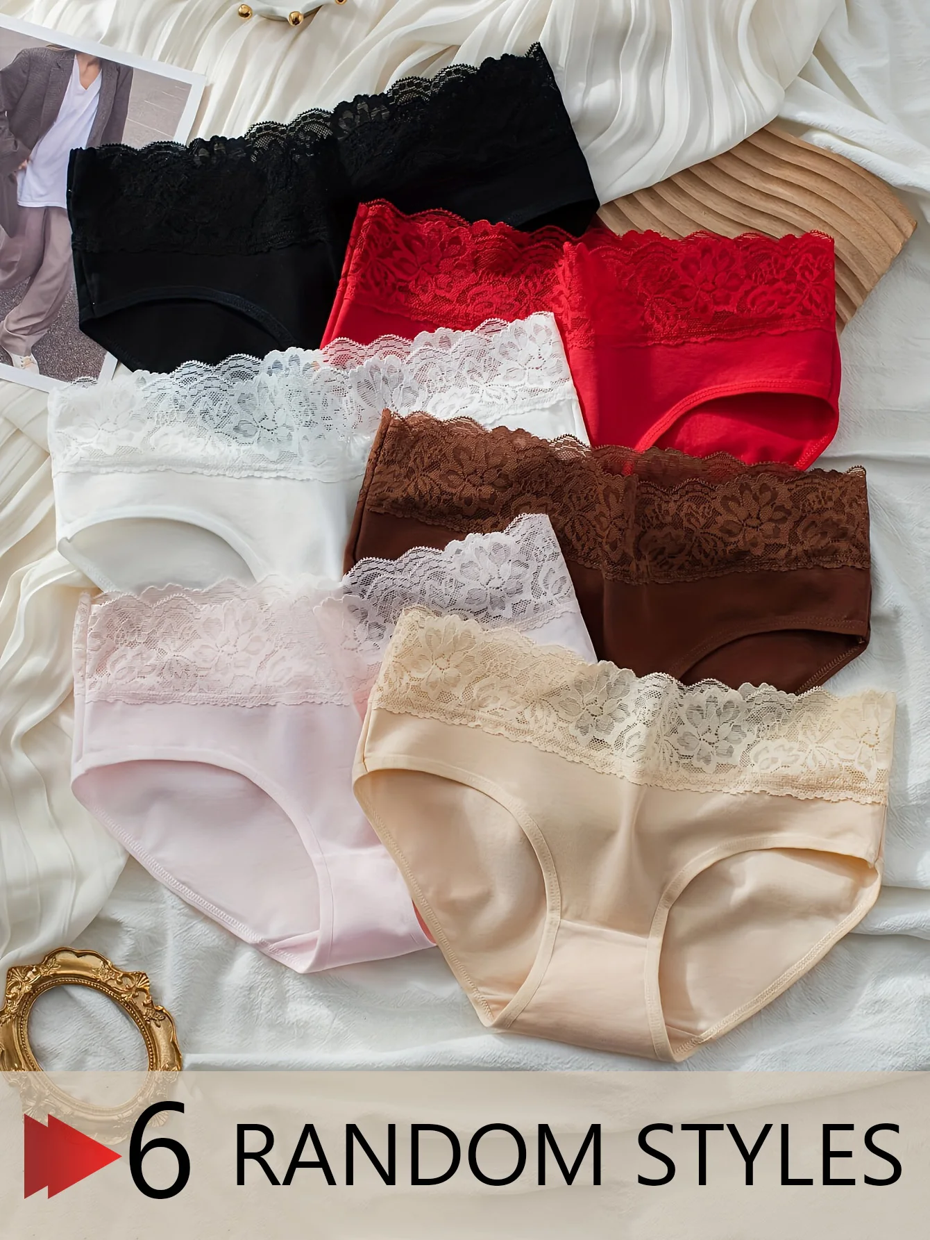 Zufälliges Set 6-teiliger Slip aus reiner Baumwolle mit Spitzenbesatz für Damen, bequeme und nicht verstopfende Damenunterwäsche aus Baumwolle Image