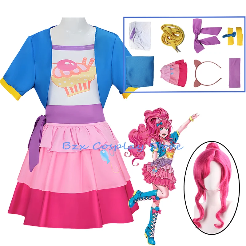 Little Pony Pinkie Pie Cosplay Kostüm Menschliche Weibliche Rosa Kleid für Mädchen Perücke Anzug Halloween Karneval Kostüme Prop Kinder Größe