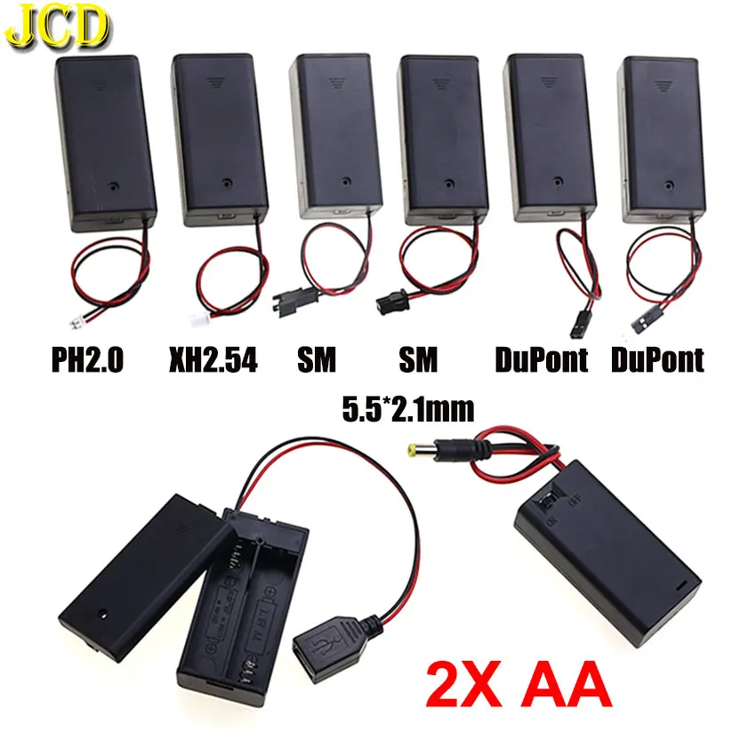 JCD AA-Batteriekasten mit PH2.0 XH2.54 Dupont SM USB DC 5,5 x 2,1 mm Steckeranschluss Leadwire AA 2X Slot Batteriehaltergehäuse mit Schalter Image