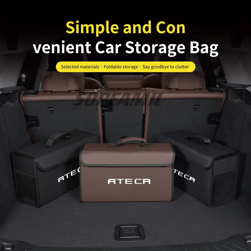 Auto Carbon Faser Leder Stamm Lagerung Box Organizer Große Kapazität Faltbare Verstauen Aufräumen Tasche Für Sitz Ateca IBIZA Leon Exeo