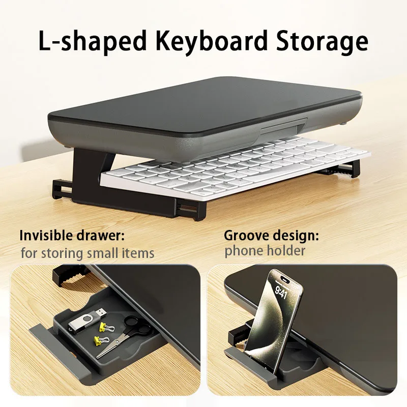 Computer-Monitor-Ständer, verstellbarer Schreibtisch-PC-Bildschirmhalter, ergonomisch, mit Schubladen, Tastatur-Aufbewahrungsregal für iMac Laptop-Telefone Image