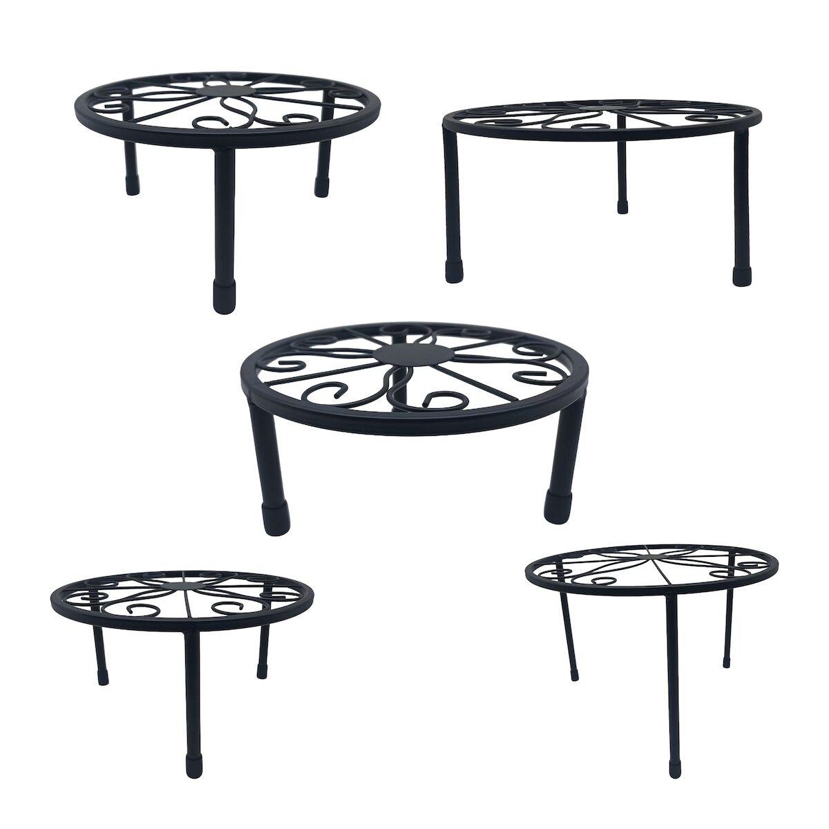 Relaxdays Blumenständer, 5-tlg. Set, rund, belastbar, H: 8–20, D: 17–30 cm, dekorative Pflanzenständer, Stahl, schwarz Image