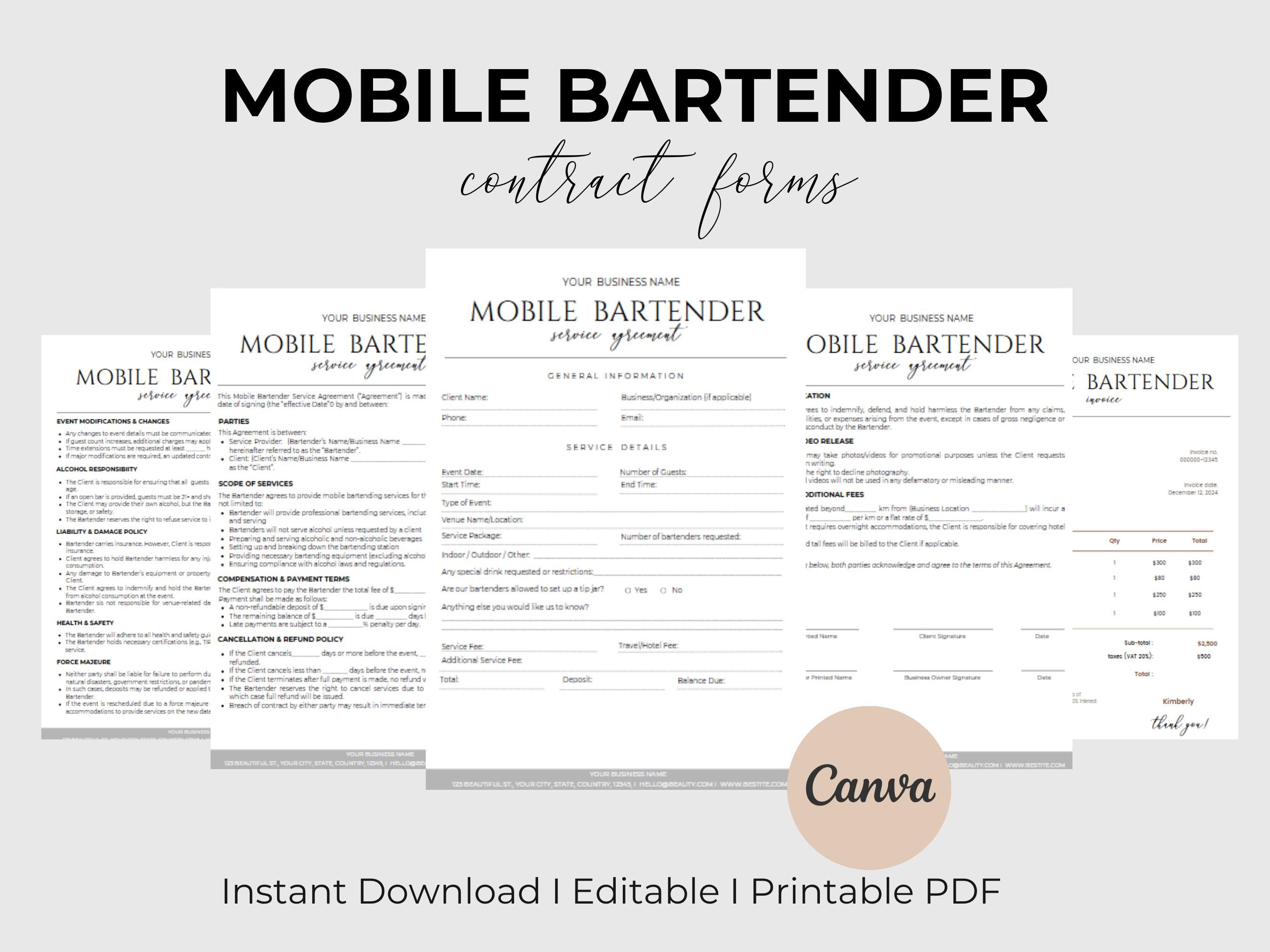 Modello di contratto per barista mobile Moduli di contratto per servizi di barman Modelli di barman per eventi Modulo di assunzione del cliente Contra