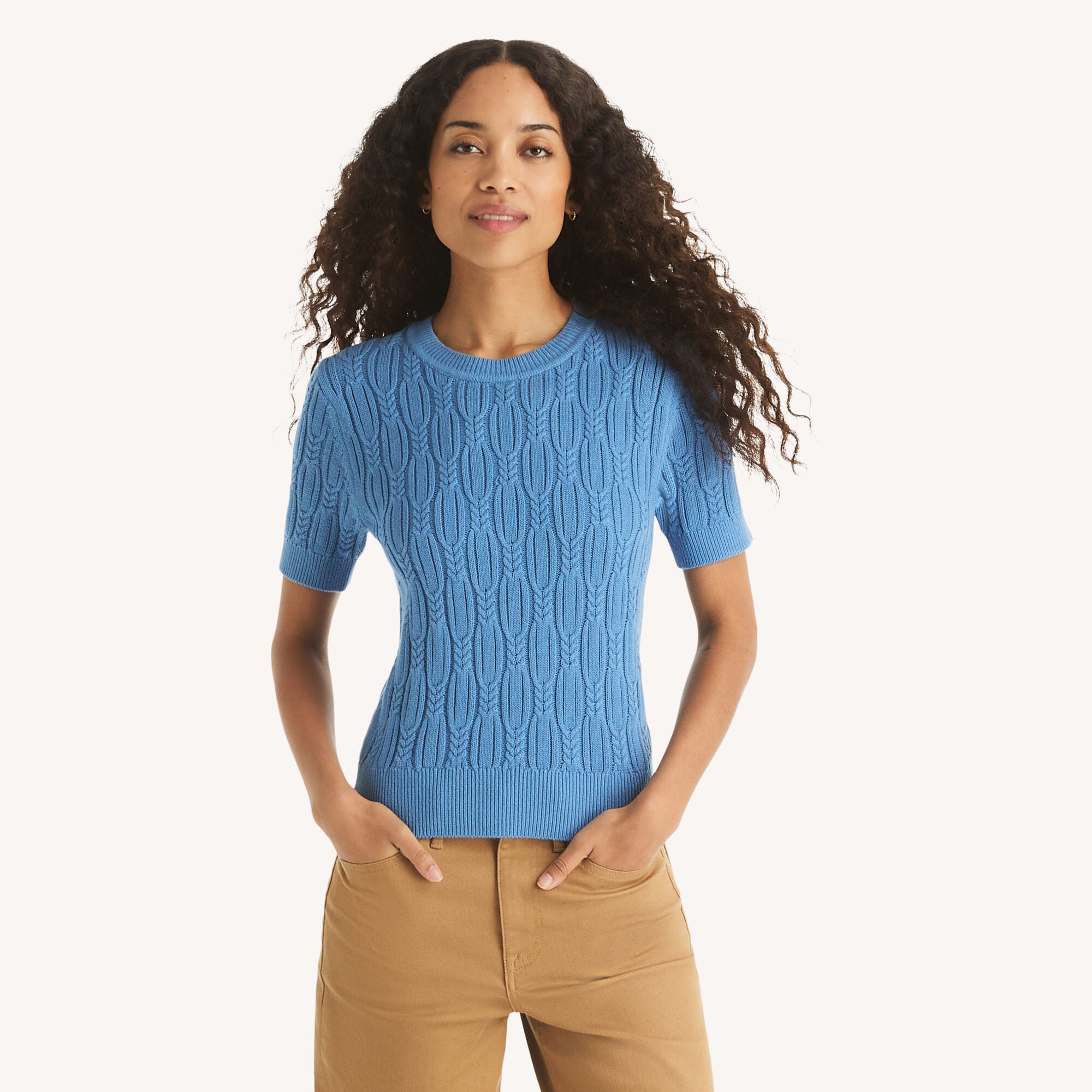 Nautica Women's Cable-Knit Short-Sleeve Sweater 452 (Aquasplash), XS