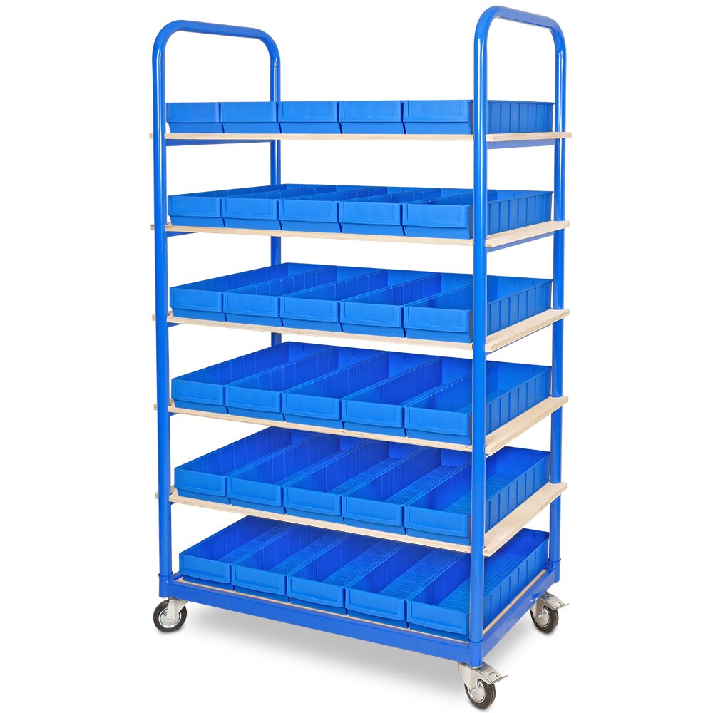 BRB Etagenwagen mit 6 Ebenen, BxTxH 1050x500x1690 mm, bestückt mit 30 Regalkästen, blau Image