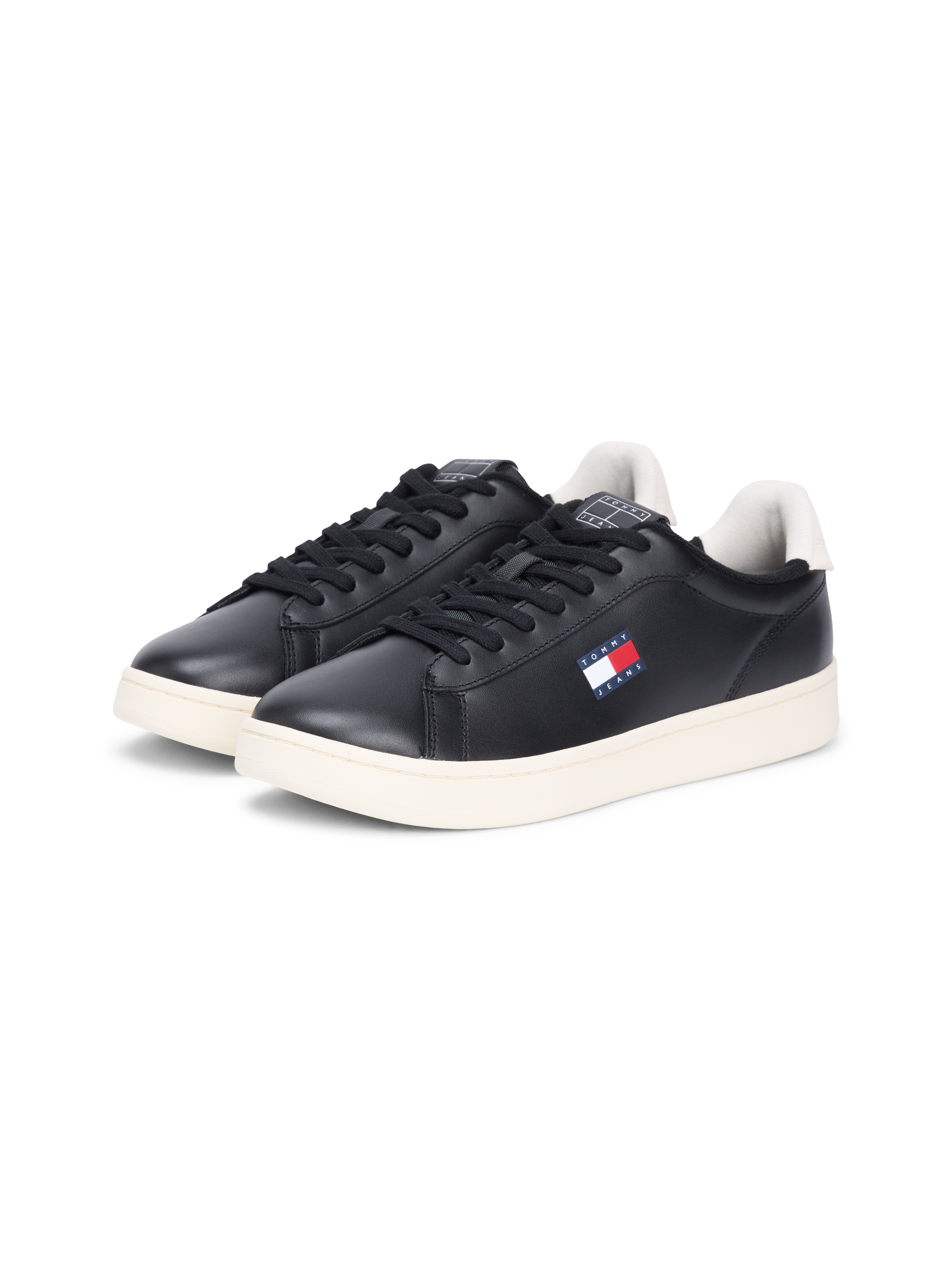 Sneaker TOMMY JEANS "ARCHIVE '98", Herren, Gr. 44, schwarz, weiß, Nappaleder, Textil, unifarben mit Farbeinsatz, Schuhe Sneaker, Freizeitschuh, Streetwear, Halbschuh, Schnürer mit Logoflagge