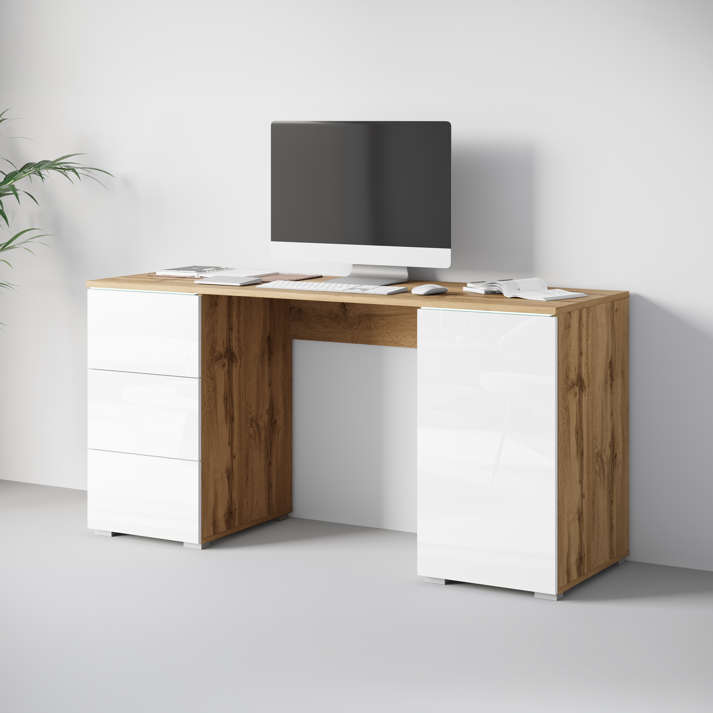 Schreibtisch INOSIGN "Vera, Computertisch mit LED-Beleuchtung", weiß (votan eichefarben, weiß hochglanz, votan, eichfarben, votan, eichfarben), B:150cm H:71,9cm T:50cm, Tische, Schreibtisch, Bürotisch mit LED, Push-to-Open, 3 Schubladen & Stauraum