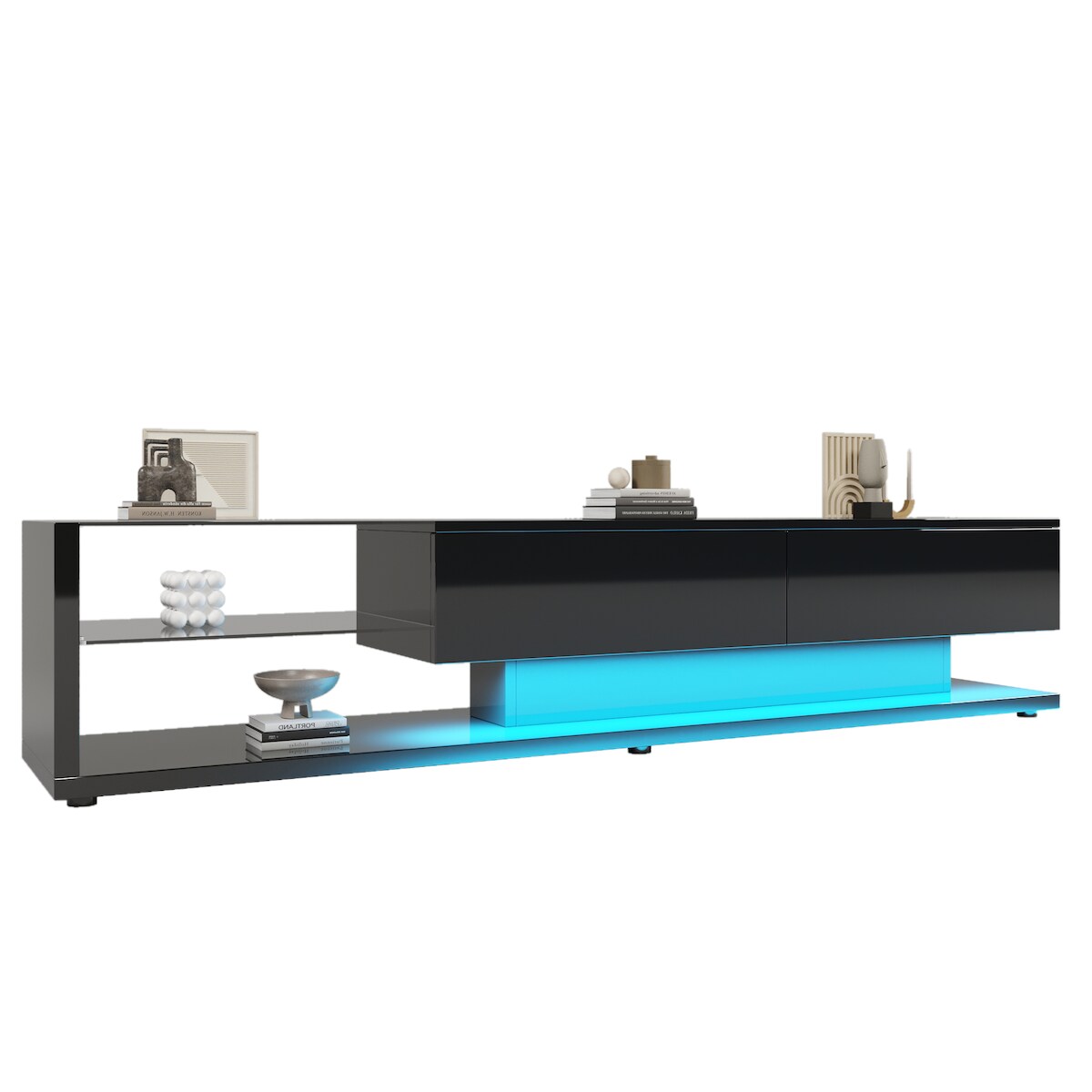 OKWISH TV-Schrank 170x36x38cm mit LED Beleuchtung, Hochglanz TV Lowboard modern mit Glasregalen, Fernsehtisch mit Schubladen, Wohnzimmermöbel, Schwarz