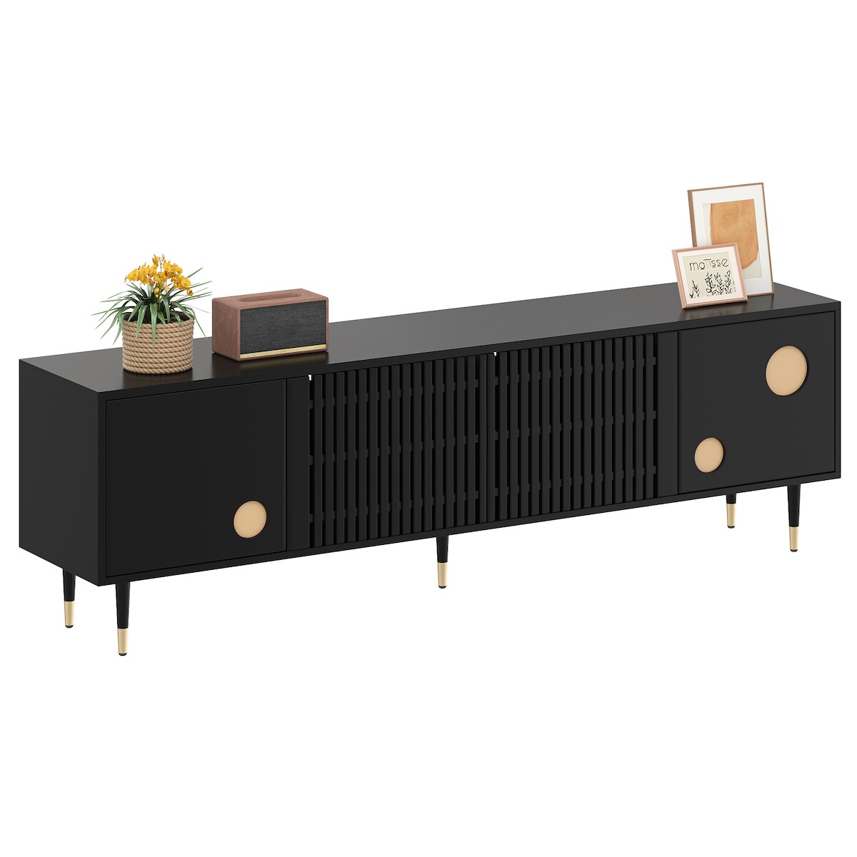 OKWISH TV-Schrank 170x36x54 cm Schwarz mit vier Türen, Gitter & Goldakzente, TV-Ständer mit Soft-Close, Kabelmanagement, verstellbaren Füßen Image