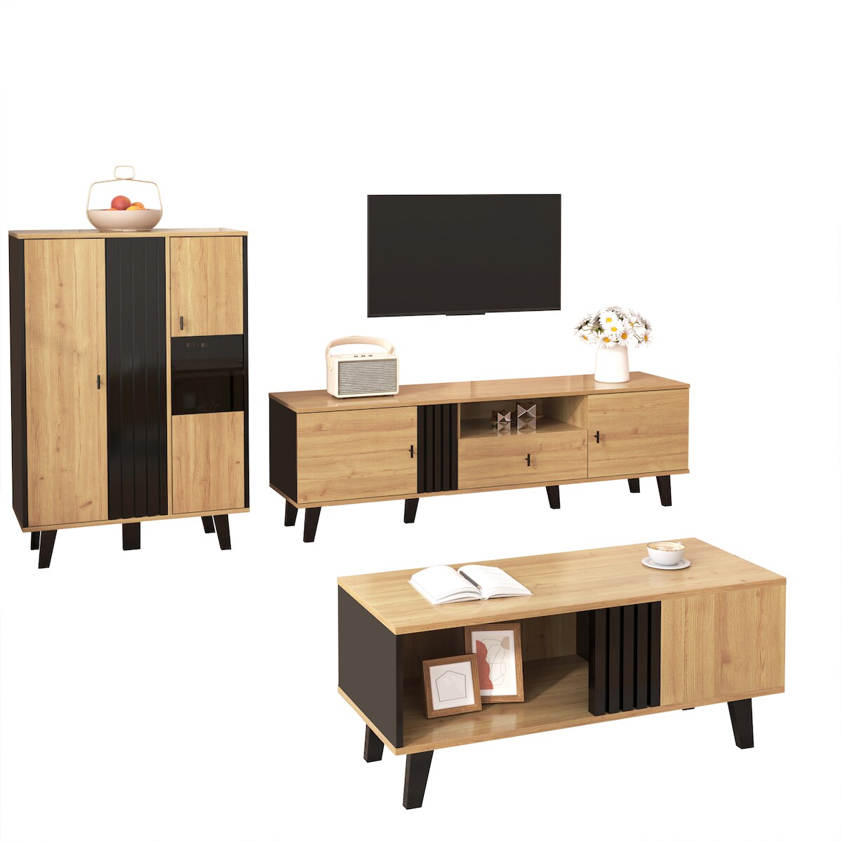OKWISH TV-Schrank 170x40x50cm Holzoptik Schwarz mit 2 Türen 1 Schublade offenem Fach modern stabil pflegeleicht Wohnzimmermöbel Image