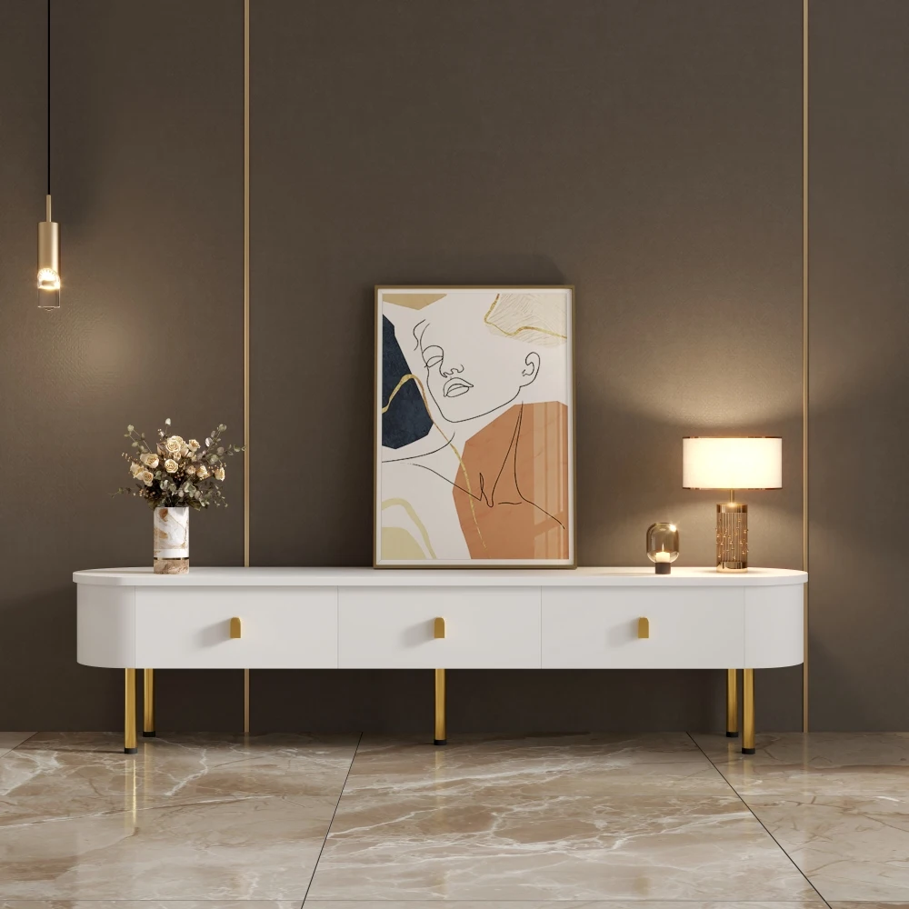 Meuble bas TV avec tiroirs, poignées et pieds dorés, design coins incurvés, meuble TV élégant, meubles de rangement multimédia pour la maison