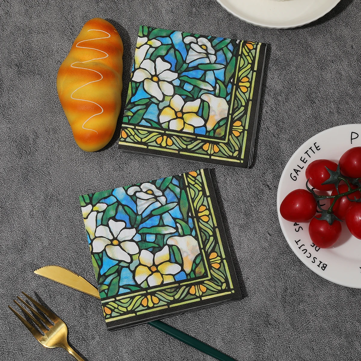 20 Stück bunte bedruckte Servietten, künstlerische quadratische Servietten aus Glas mit Blumenmuster, geeignet für Partys, Restaurants, Küchen, Hochzeiten Image