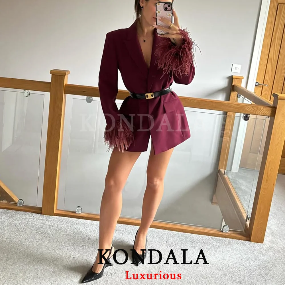 KONDALA Casual Chic Roter Blazer V-ausschnitt Lose Federn Patchwork Jacken Mode 2025, Herbst Büro Dame Chic Bordeaux Rot Blazer