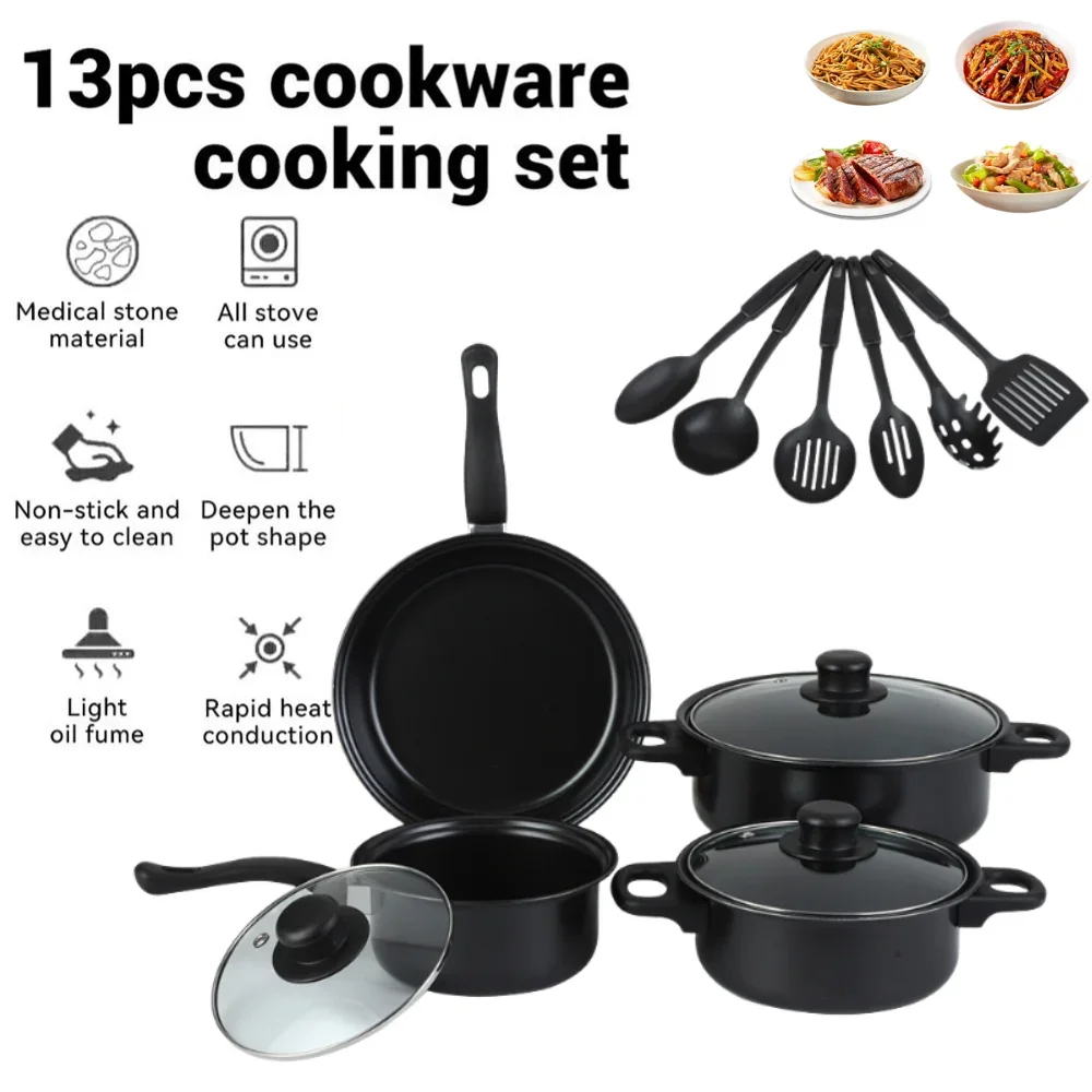 12-teiliges Antihaft-Kochgeschirr-Set, Kochtopf mit Deckel, Milchtopf, Maifan-Stein-Bratpfanne, stapelbares Topf-Set für alle Arten von Herd Image