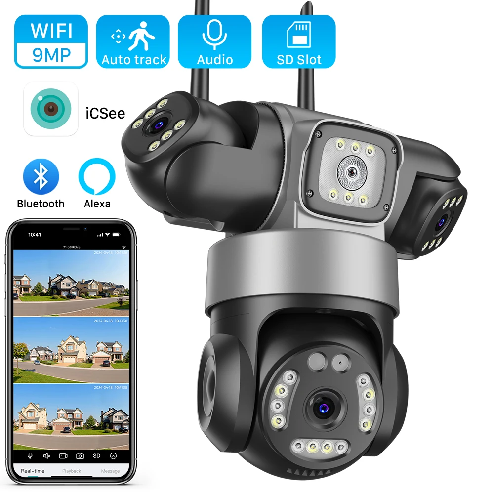 ICsee Drahtlose PTZ IP-Kamera 8K 15MP 3-Objektiv 3-Bildschirm 9MP 4K 2-Wege-Audio WiFi Outdoor CCTV Sicherheitsüberwachungskamera Image