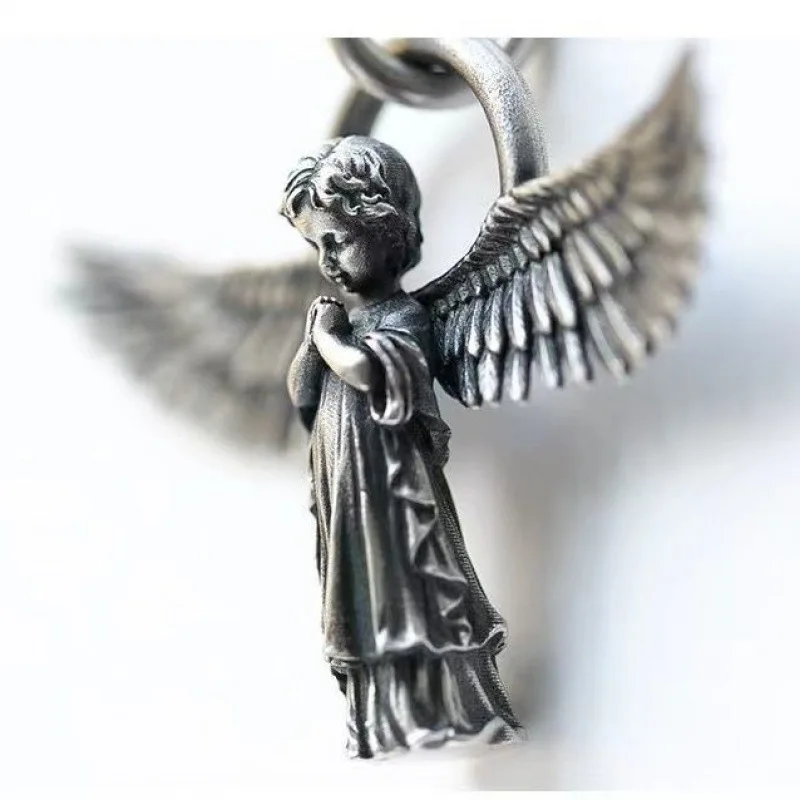 Collana con ciondolo angelo custode color argento moda per uomini e donne, personalità, ali d'angelo, collana con ciondolo di preghiera, regalo per coppia