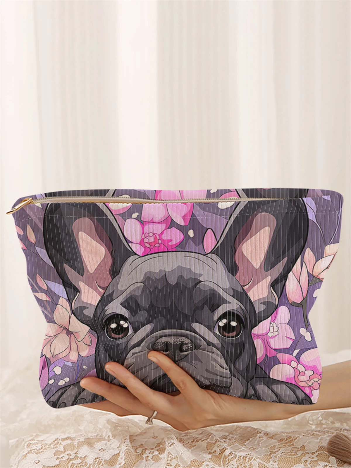 1-hundgemusterte Cord-Make-up-Tasche, leichte Make-up-Aufbewahrungsbox mit Reißverschluss, multifunktionale Tasche mit Futter Image