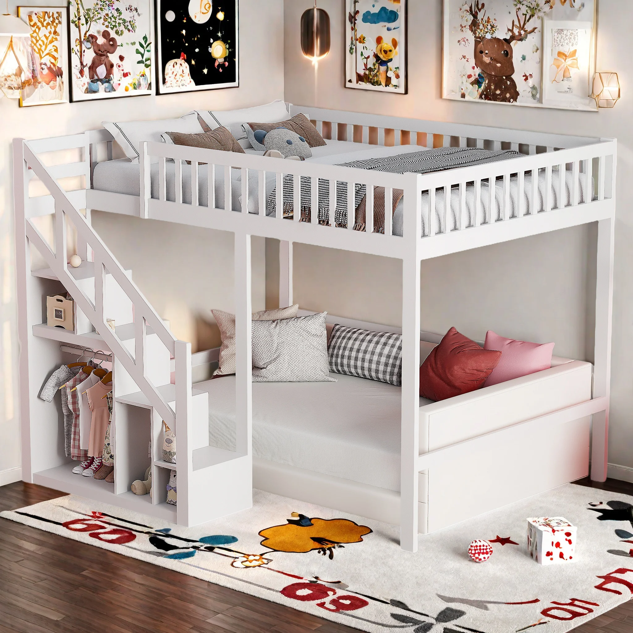 Rosahqnda Kinderhochbett 90x200 cm, 140x200 cm, Kinderbett mit Rausfallschutz, Treppe, Storage, Etagenbett, Solid Wood Image