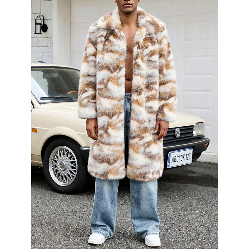 Men's Winter Jacket Faux Fur Coat Vacation Daily Thermal Warm Fleece Fall Winter Camouflage Fashion Streetwear Lapel Long Brown Jacket