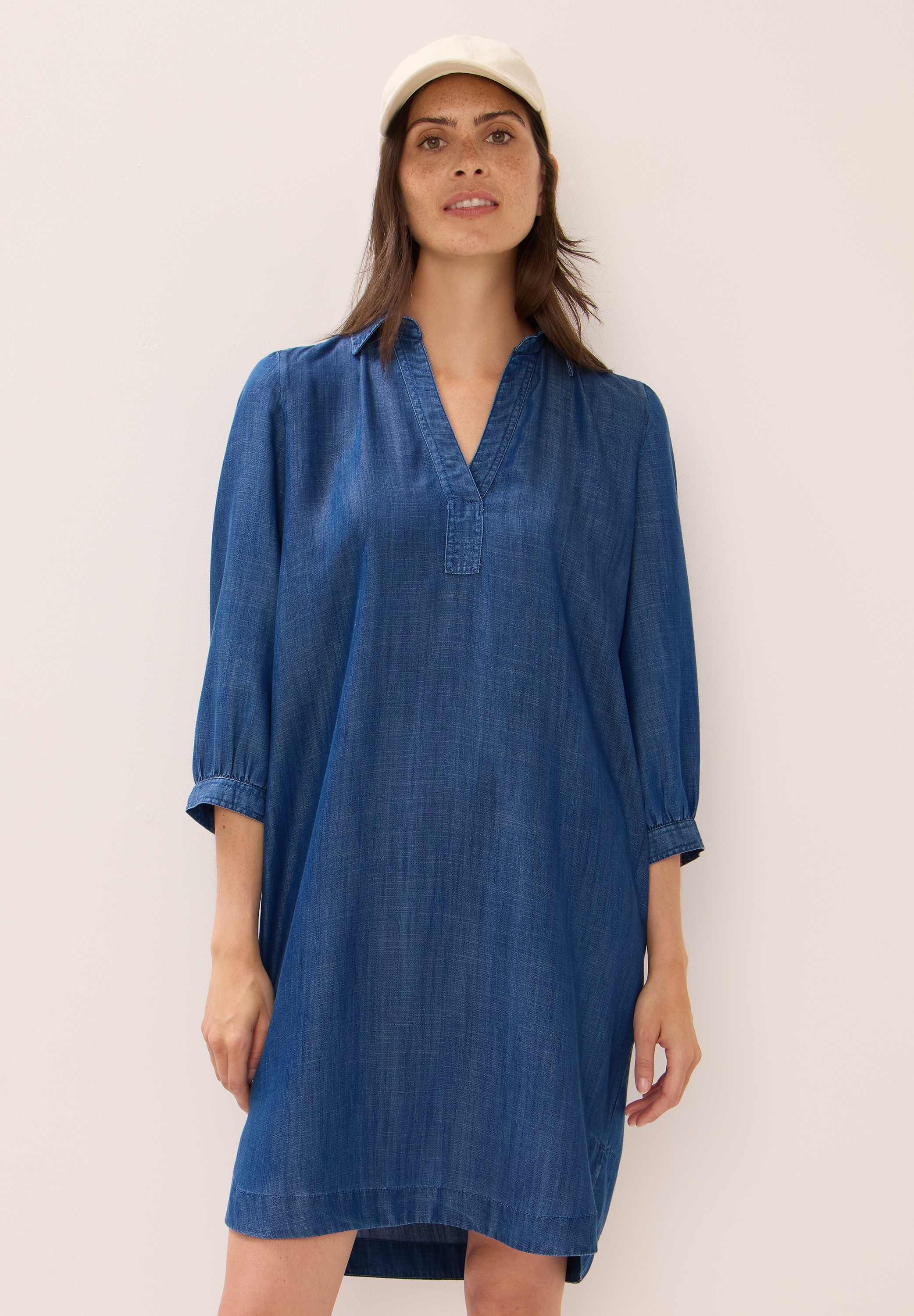 Midikleid CECIL, Damen, Gr. XS (36), US-Größen, blau (mid blau wash), Stoff, 100% Lyocell, unifarben, normal kniefrei, V-Ausschnitt, Bündchen, Kleider Midikleid, aus Lyocell