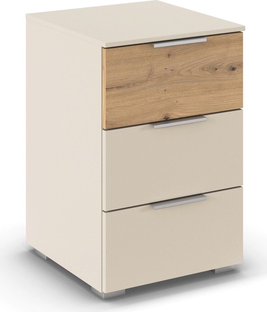 Nachtkommode RAUCH "Nachttisch Nachtkonsole Nachtschrank ASTANA", beige (champagner), eiche artisan, B:40cm H:61cm T:42cm, Holzwerkstoff, Sideboards, mit 3 geräumigen Schubladen, Kantengriff in Alufarben MADE IN GERMANY